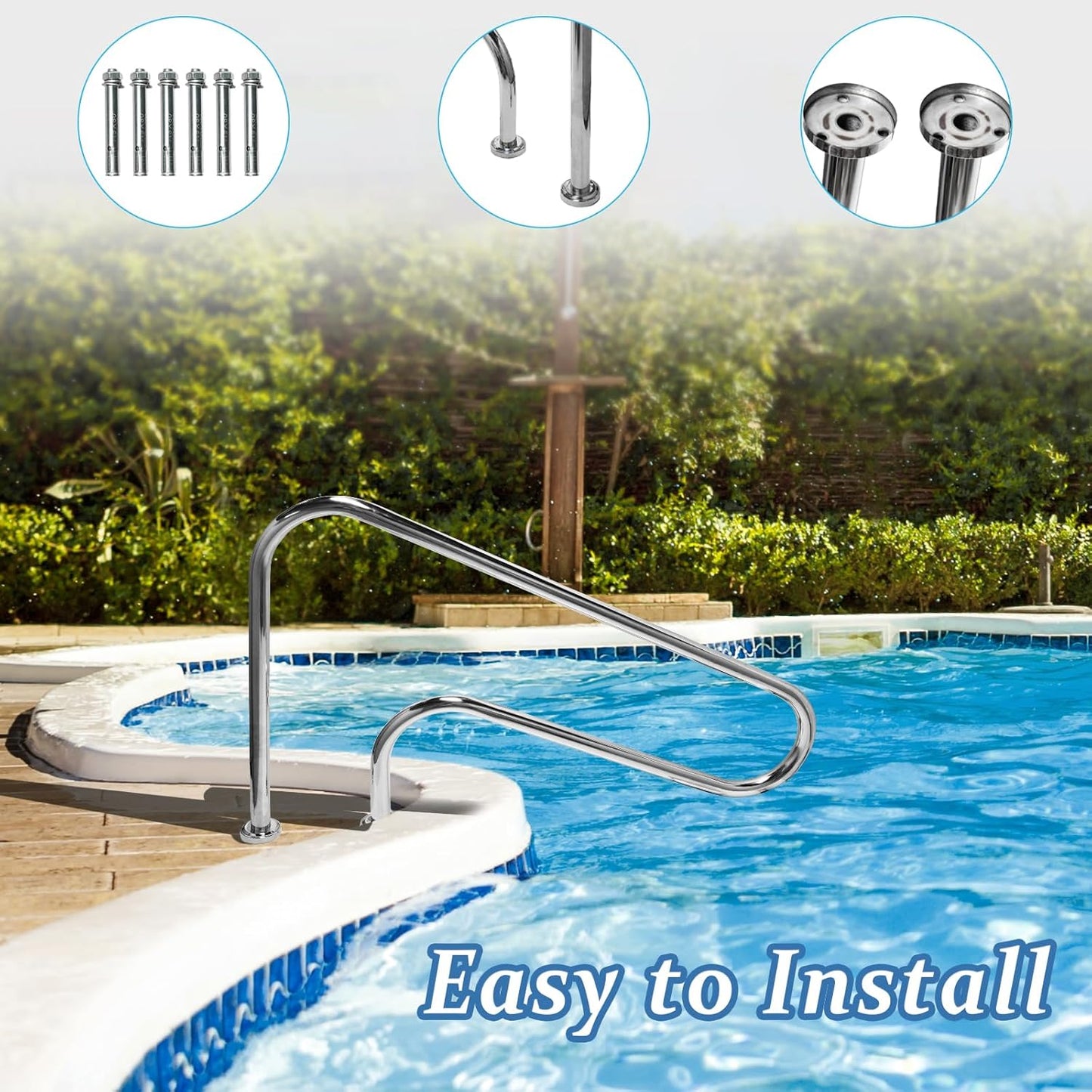 Pool Handrail 47x 30"", Stainless Steel Swimming Pool Hand Rail Pool Stair Rail Above Ground with Base Cover Silver Rustproof Swimming Pool Accessories for Indoor/Outdoor Pools, SP-3002