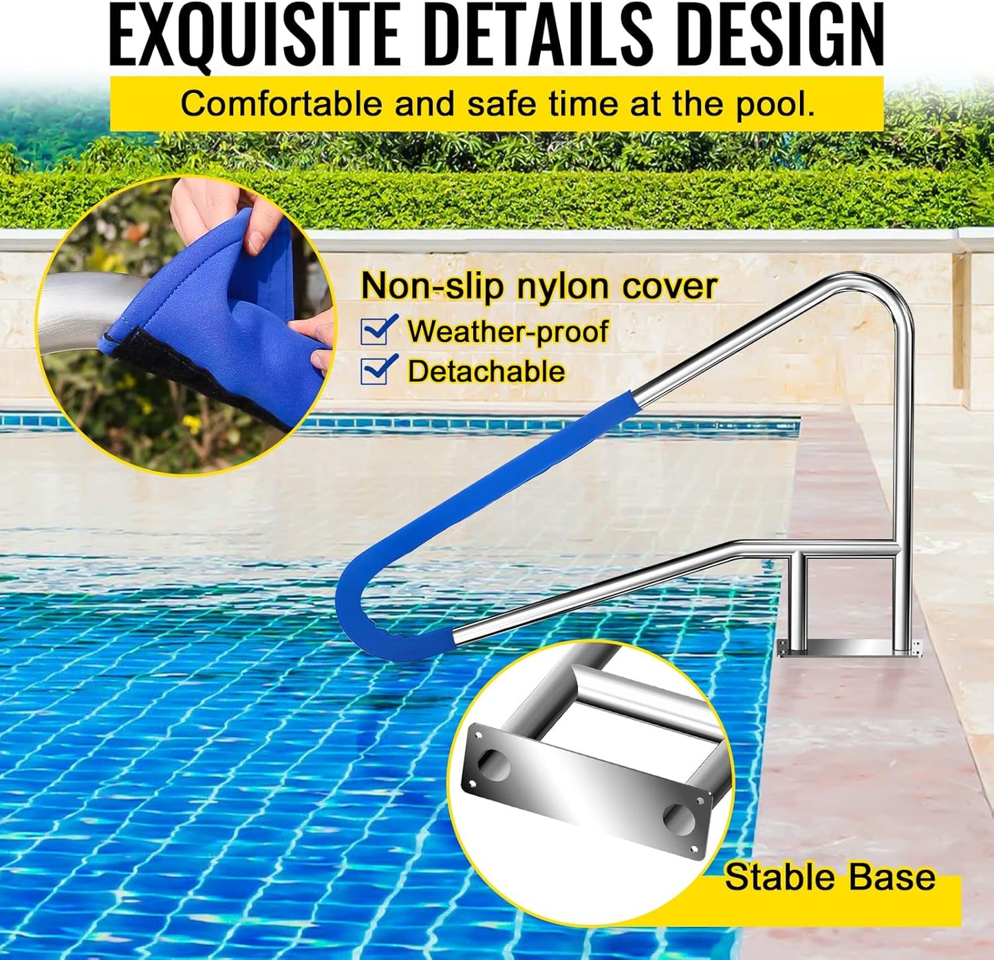 Pool Handrail Swimming 55'' x 32'' Pool Stair Rail Stainless Steel Pool Railing 300Lbs Load Capacity Inground Pool Rails with Grip Cover