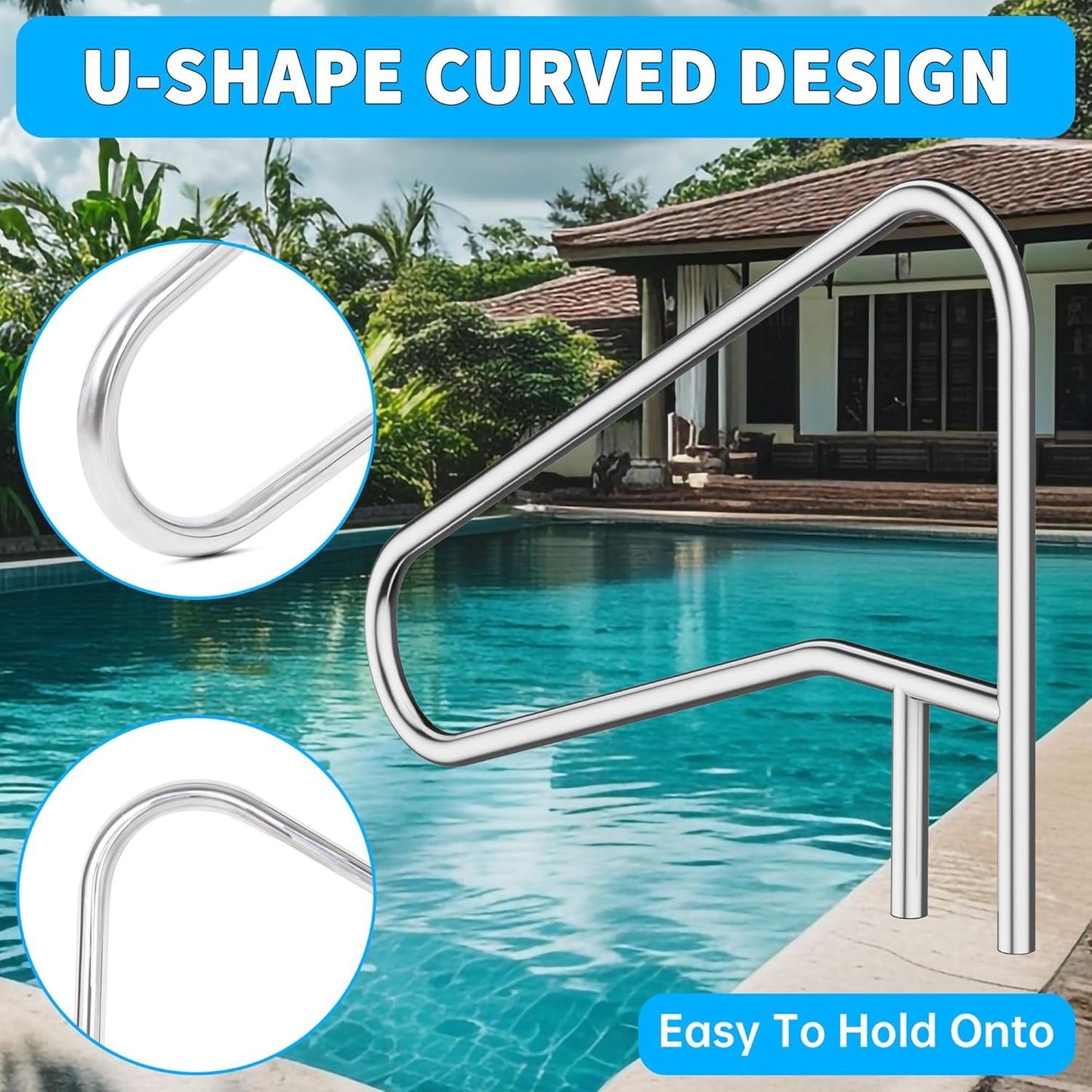 ECOTRIC Pool Handrail Swimming Pool Stair Rail 49-3/8"X35-3/8 304 Stainless Steel Deck Mounted Cross Brace 300Lbs Load Capacity