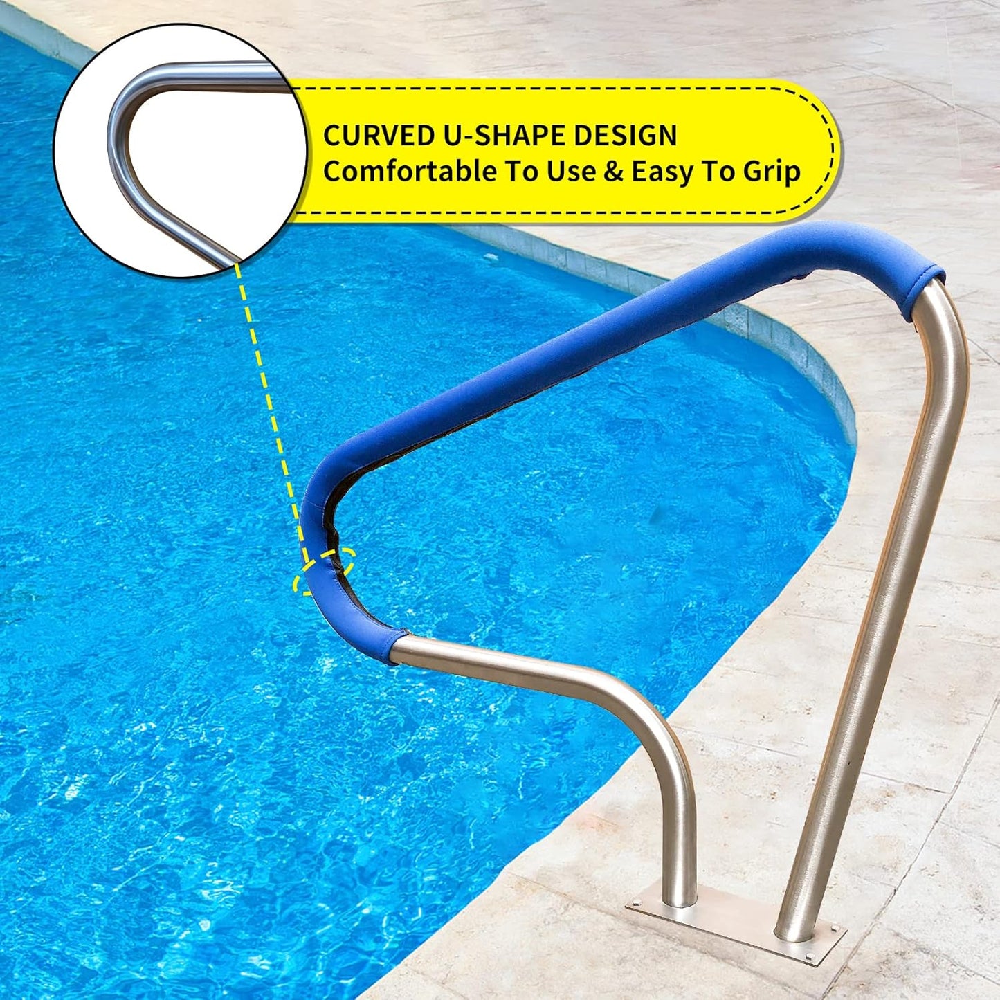 39x32 Inground Pool Rail, #304SS Swimming Pool Stair handrail with no-Slip Cover, mounting Base & Accessories.