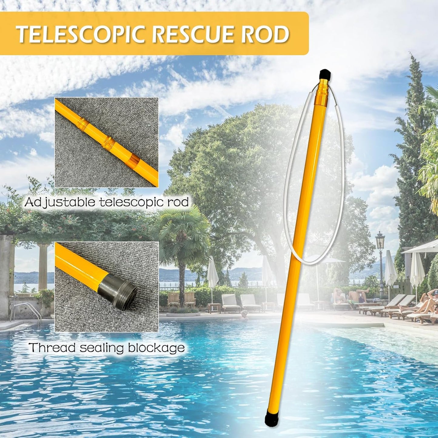Pool Rescue Hook, Heavy Duty Adjustable Telescoping Rescue Safety Hook, Pool Safety Hook with Pole for Swimming Pool Cleaning, Lifesaving and Water Rescue, Pool Skimmer, Brush, and Net Pole
